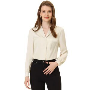 Women's Collar Blouse Long Sleeve Satin Button Down Shirt Apricot
